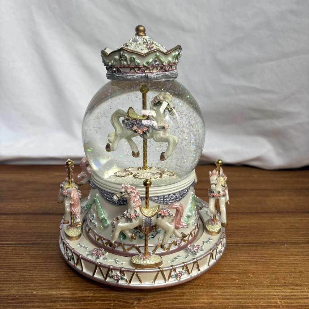Vintage Carousel Horse Snow Globe Music Box Glitter Rotating Merry-Go-Round